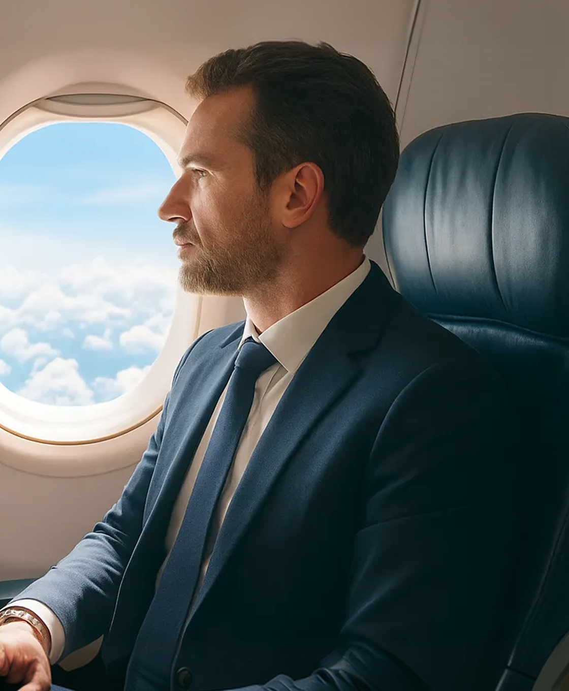Business traveler looking out of an airplane window